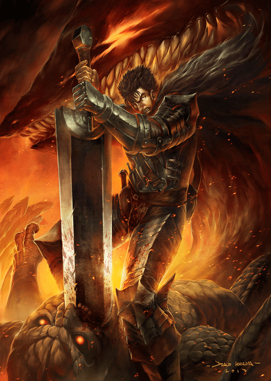 Male Human Path of the Berserker Barbarian stabbing his enemy lying on the ground.