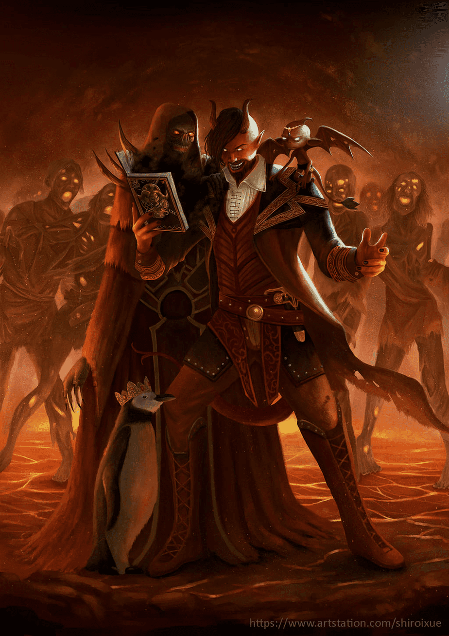 A male tiefling warlock consorting with his fiendish patron.