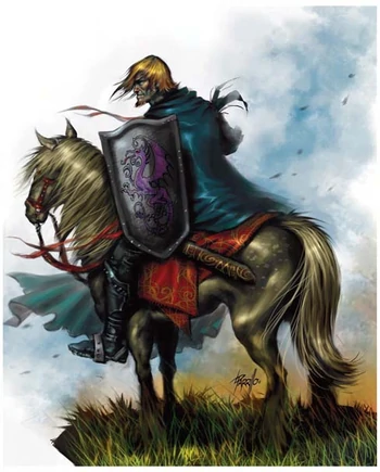 A male human purple dragon knight rides his white horse.