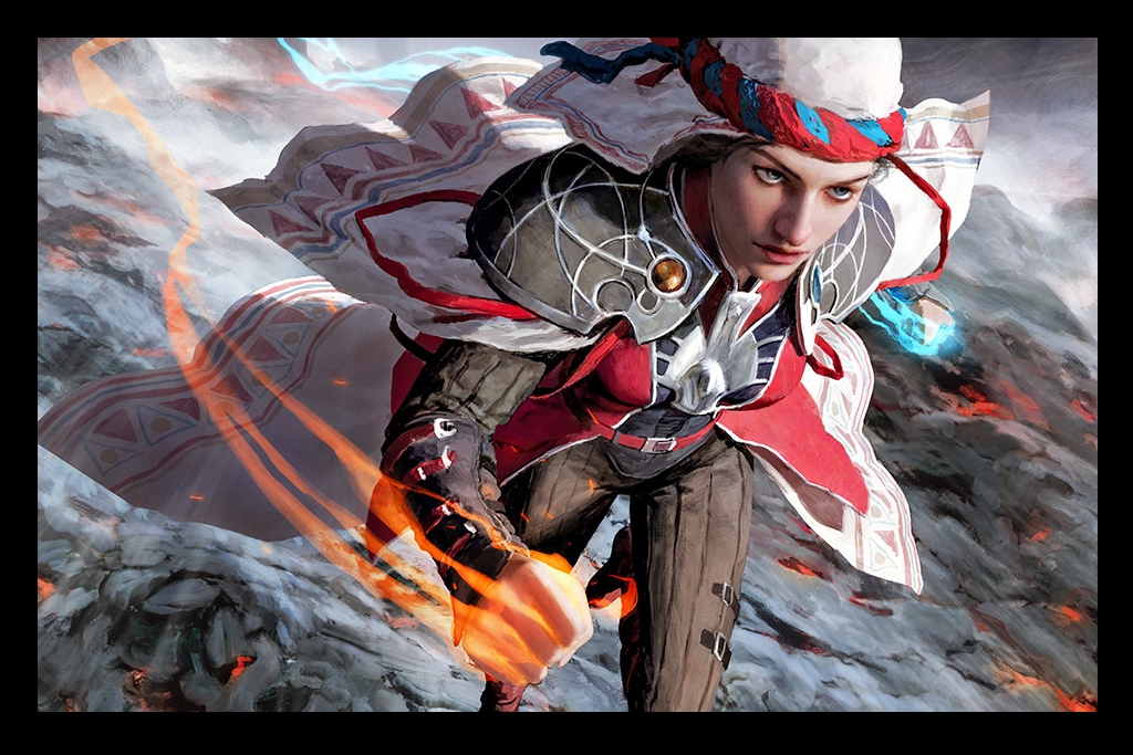 a female human cleric of the ambition domain is sprinting, her hands glowing with holy power.