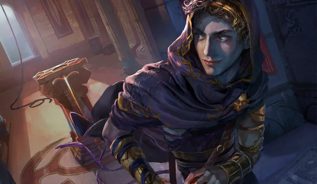 A male human trickery domain cleric sneaks into a rival's temple.