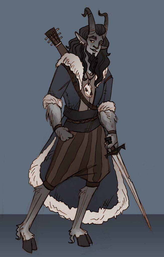 A male firbolg sword bard with a lute upon his back.