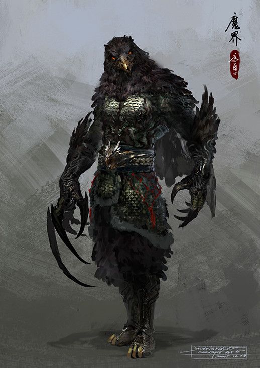 A black feathered male aarakocra blood hunter.