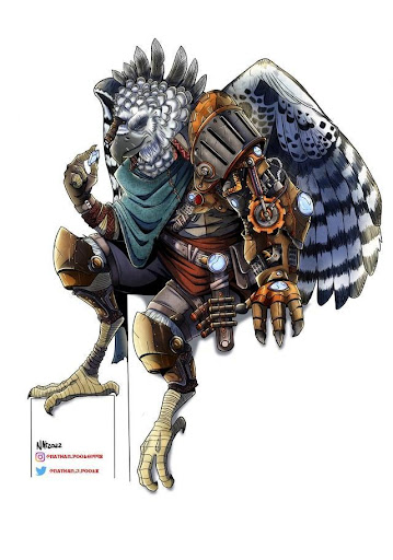 A male aarakocra artificer with an artificial arm.