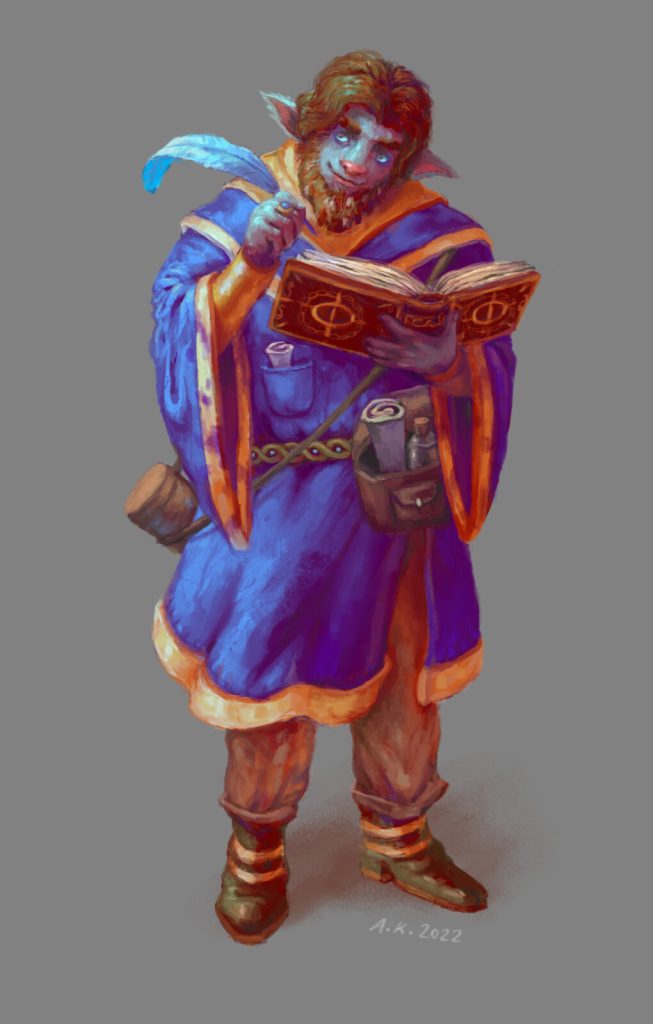 A male firbolg wizard writing a spell into his spellbook.