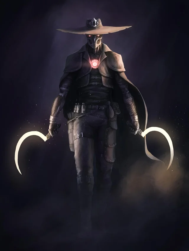 A warforged blood hunter weilding two sickles.