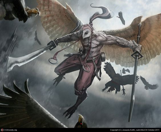 A dual wielding arrakocra monk striking from above.