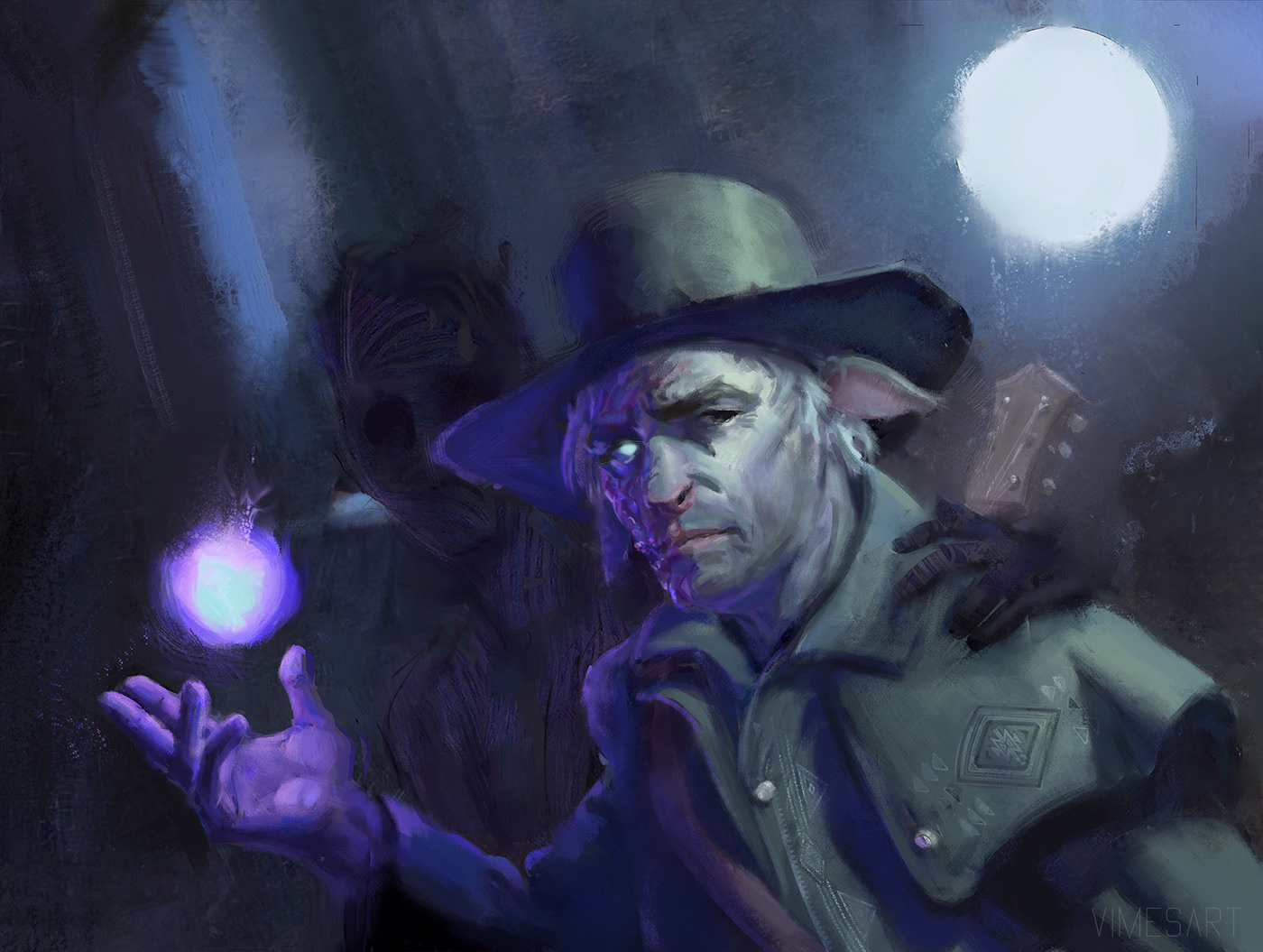 A firbolg warlock stands by a shade and casts the light spell.