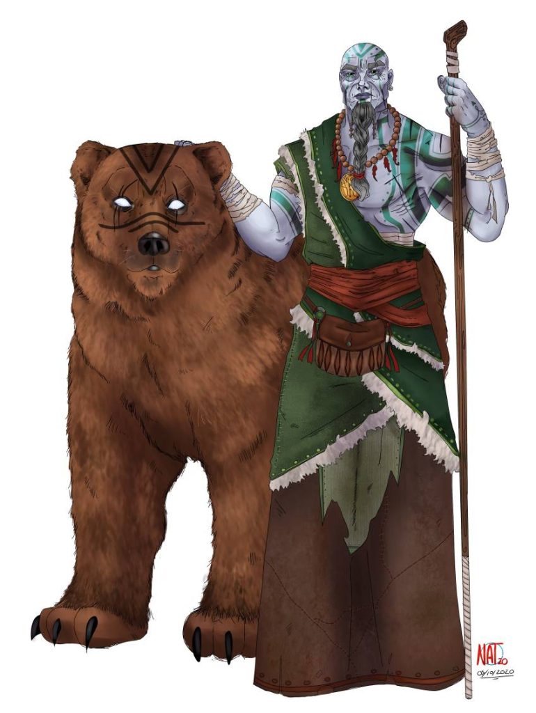 A male goliath druid stands next to his bear companion.