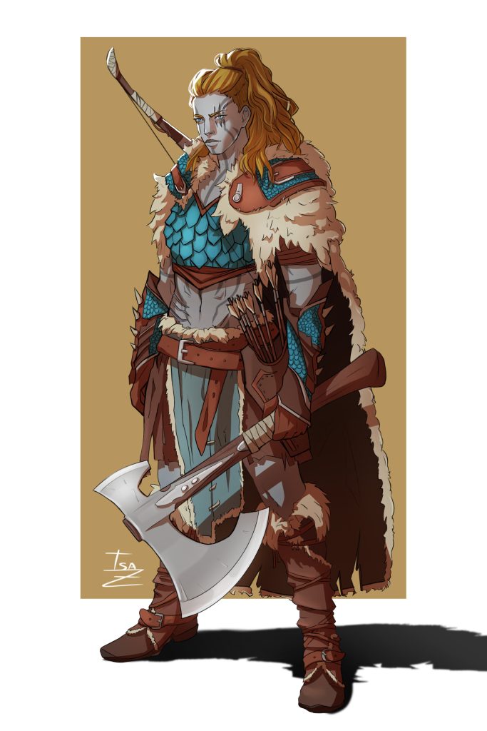 A female goliath ranger carrying a bow and an axe.