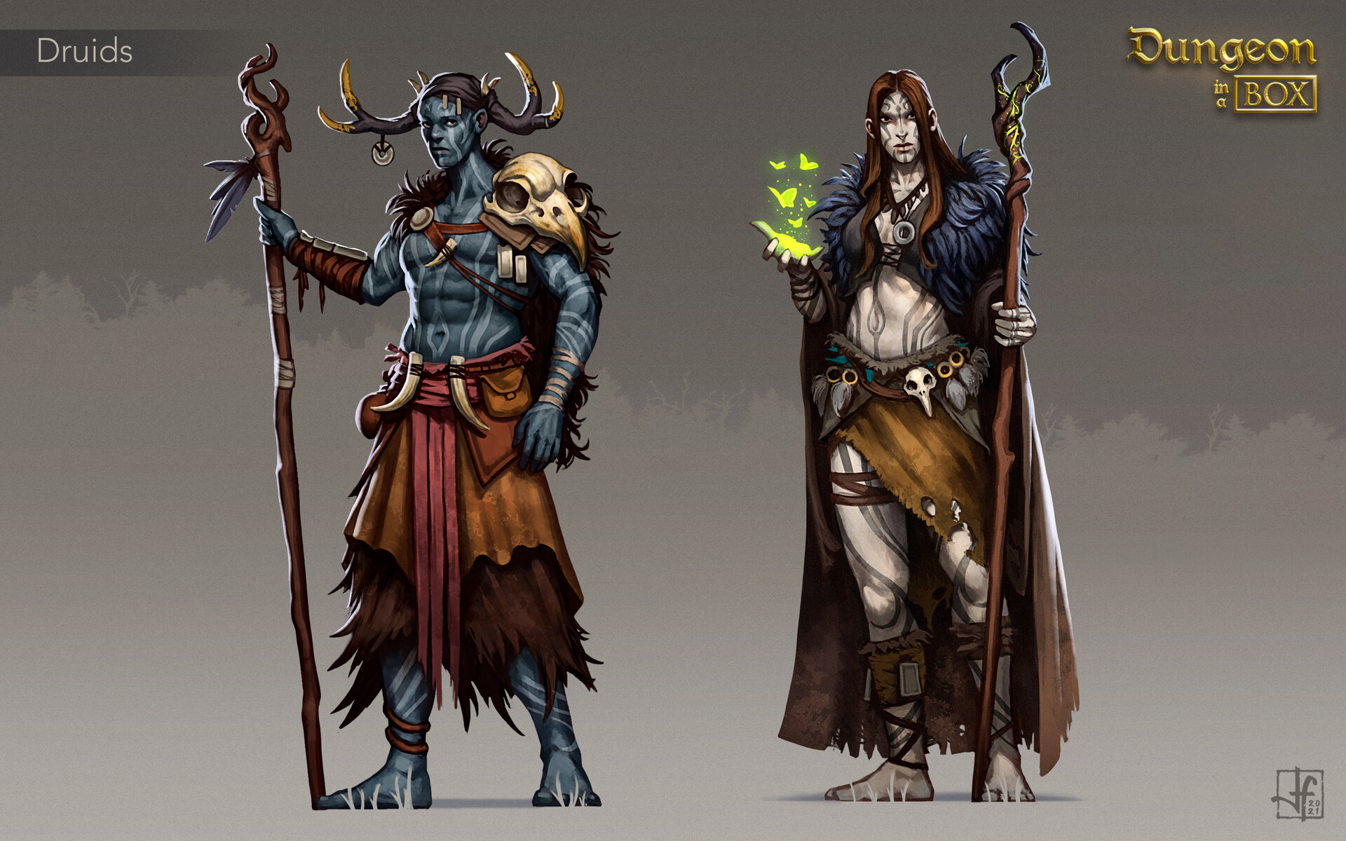 A pair of female goliath druids garbed in animal furs and skulls.