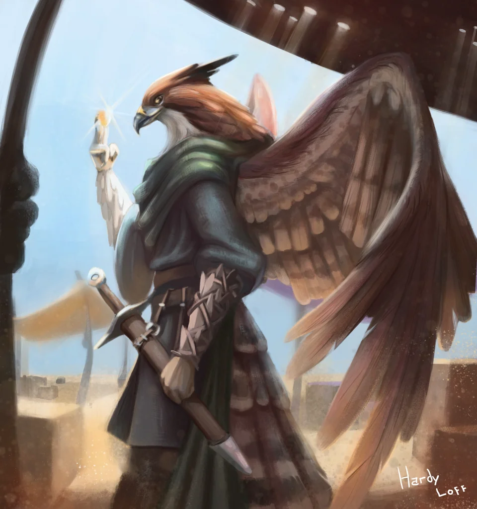 A male aarakocra rogue holding a shiny gold coin.