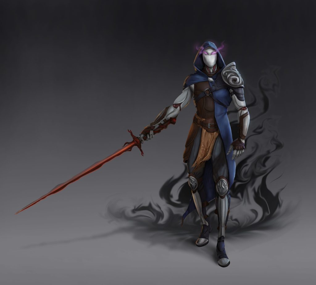 A male warforged warlock shrouded in shadow, holding a blood red blade.