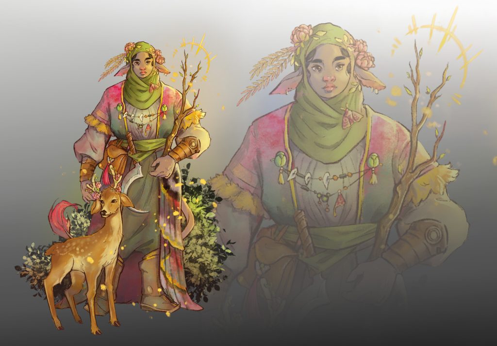 A female firbolg celestial warlock stands by a doe.