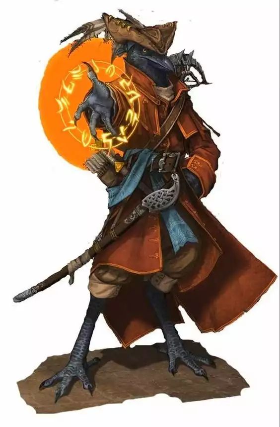 A black male arrakocra bard casting an arcane spell.