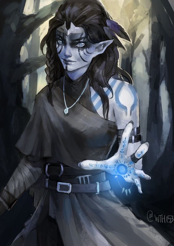 A female goliath warlock prepares to cast a spell.