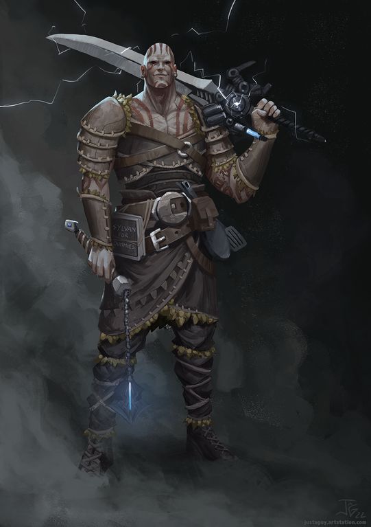 A goliath blood hunter channeling his powers through his large sword.