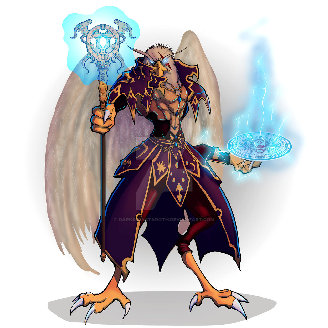 A male aarakocra wizard casting an arcane spell.