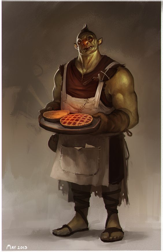 A male orc holding freshly baked pies.