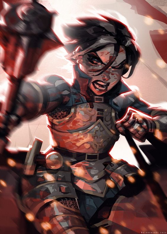 A blood thirsty human female is ready to crush skulls.