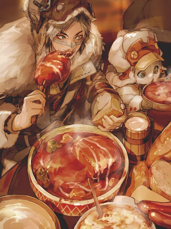 A hungry adventurer dives into a feat of meat and bread.