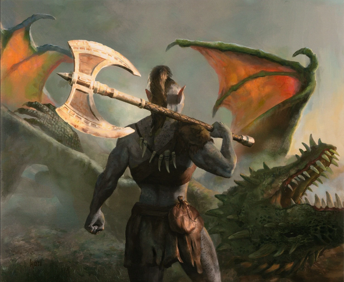 A savage half female half orc defeating a green dragon.