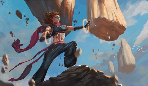 A female stone giant trains on a rocky mountainside.