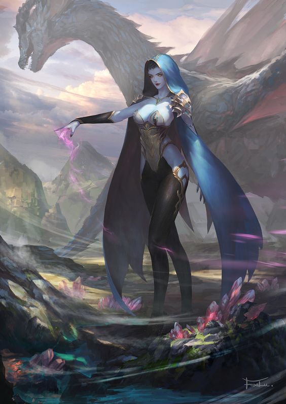 A female drow casts a spell with the gift of the gem dragon.