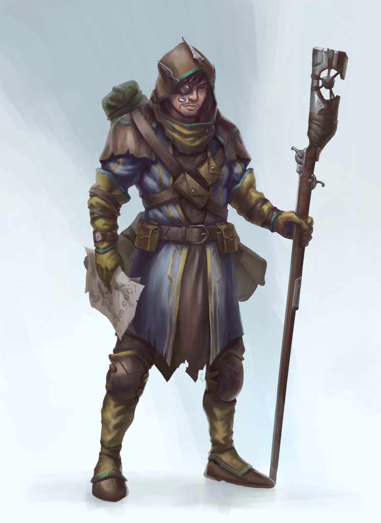 An elven ranger carries a sniper rifle as a staff.