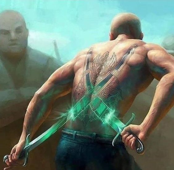 Bald warrior with glowing back tattoos wielding twin swords, with a ghostly reflection.
