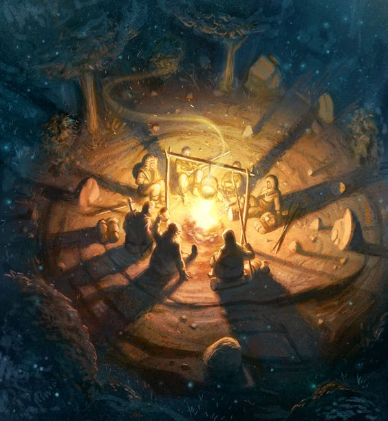 Adventurer's campsite in a forest clearing with magical cooking pot at dusk.