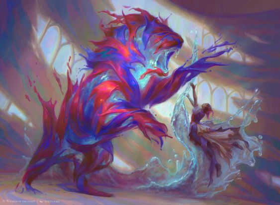 Mystical confrontation with a mage summoning water against a vibrant magical beast.