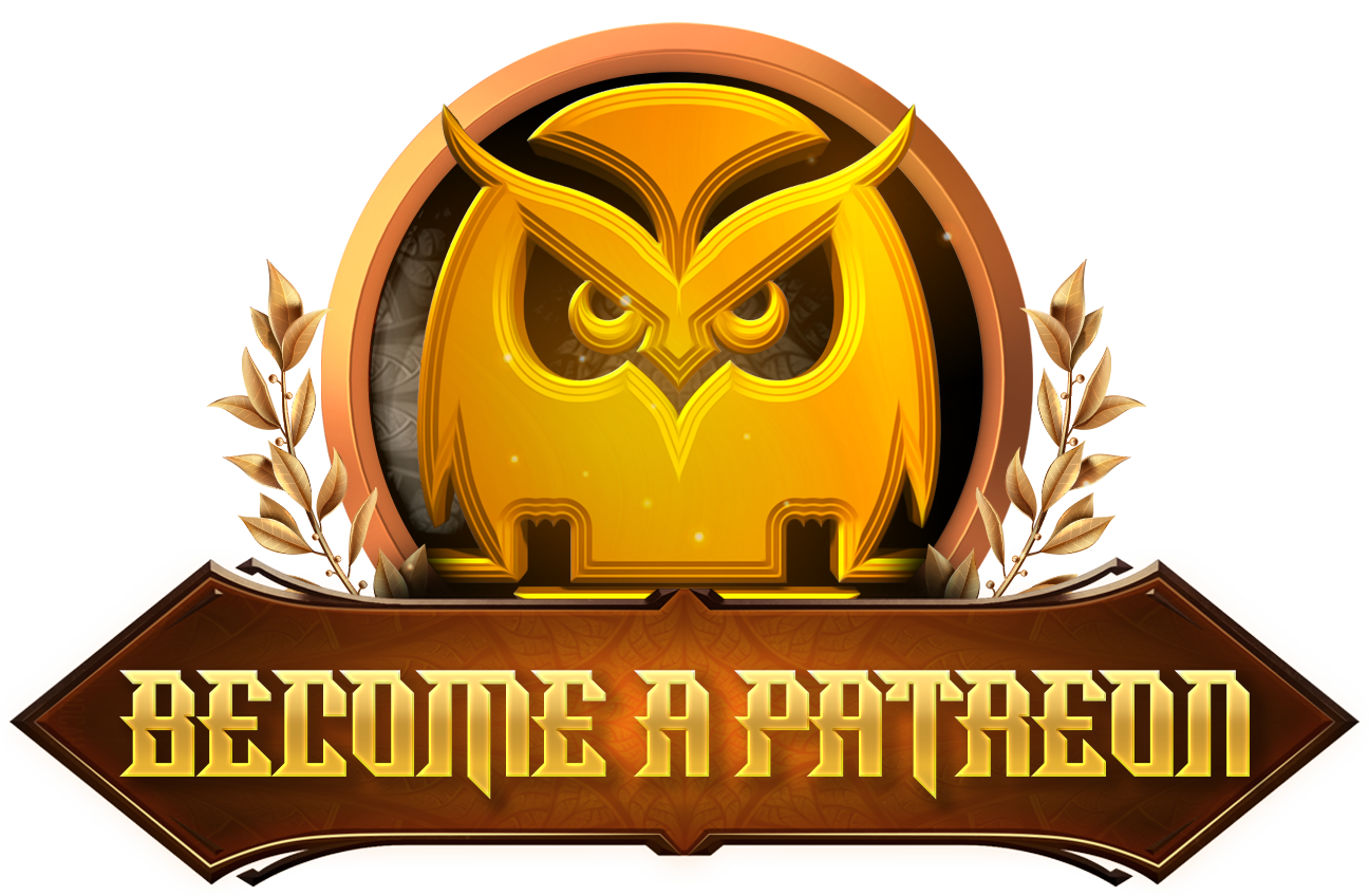 Logo for Sage Gamers' Patreon featuring an owl emblem encircled by golden laurel leaves with the call-to-action 'Become a Patreon' on a stylized banner, inviting visitors to support Sagegamers.com.