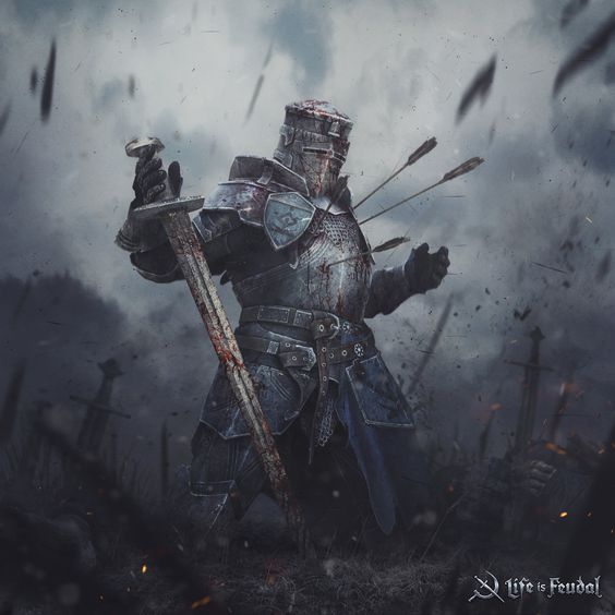 Knight in battle-damaged armor bracing against a storm of arrows on a battlefield.