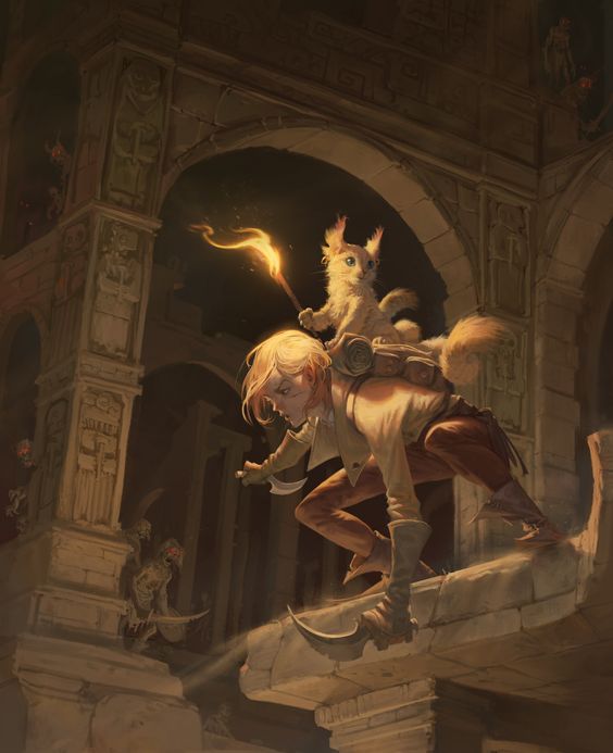 Dungeon Delver feat portrayed by a vigilant scout with a magical creature companion, navigating through an ancient, rune-carved archway, emphasizing exploration and adventure.
