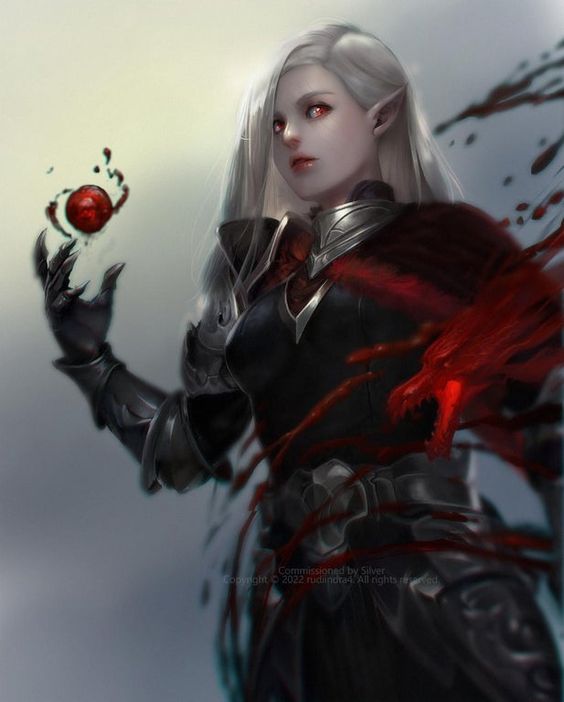 A dark elf sorceress conjuring a floating, glowing orb, with blood splatters emphasizing her potent magical abilities linked to the Greater Dragon Mark feat.