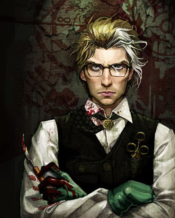 Healer feat represented by a sinister figure with bloodied hands, holding a scalpel, standing before a scrawled symbol backdrop, illustrating the darker aspects of healing and medicine in D&D.