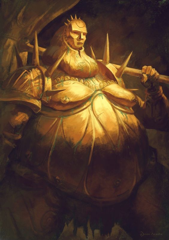 A golden statue-like figure on a throne, wielding a spear, showcases the imposing presence and impervious defense of a Heavy Armor Master.