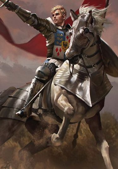 An armored knight charging valiantly on a white horse with a red banner flowing, illustrating the Mounted Combatant feat in Dungeons & Dragons 5e.